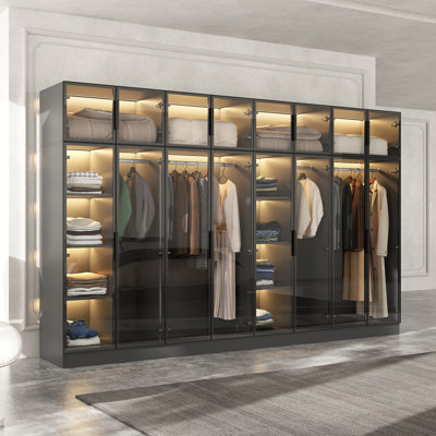 118.1" Wide 16 Tempered Glass Door Large Armoire With LED Light by Hokku Designs