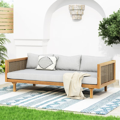 Lit de jour à accoudoirs, matériau en bois, coussins gris à eau, chaise de piscine à panneaux à lattes, 68,74 l 31,69 p 24,41 h, assemblage requis avec, construction, X