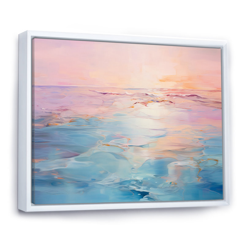 Rose et bleu pastel coucher de soleil - vagues côtières, art mural, H 30 po x l 40 po x P 1,5 po, Cadre flottant blanc