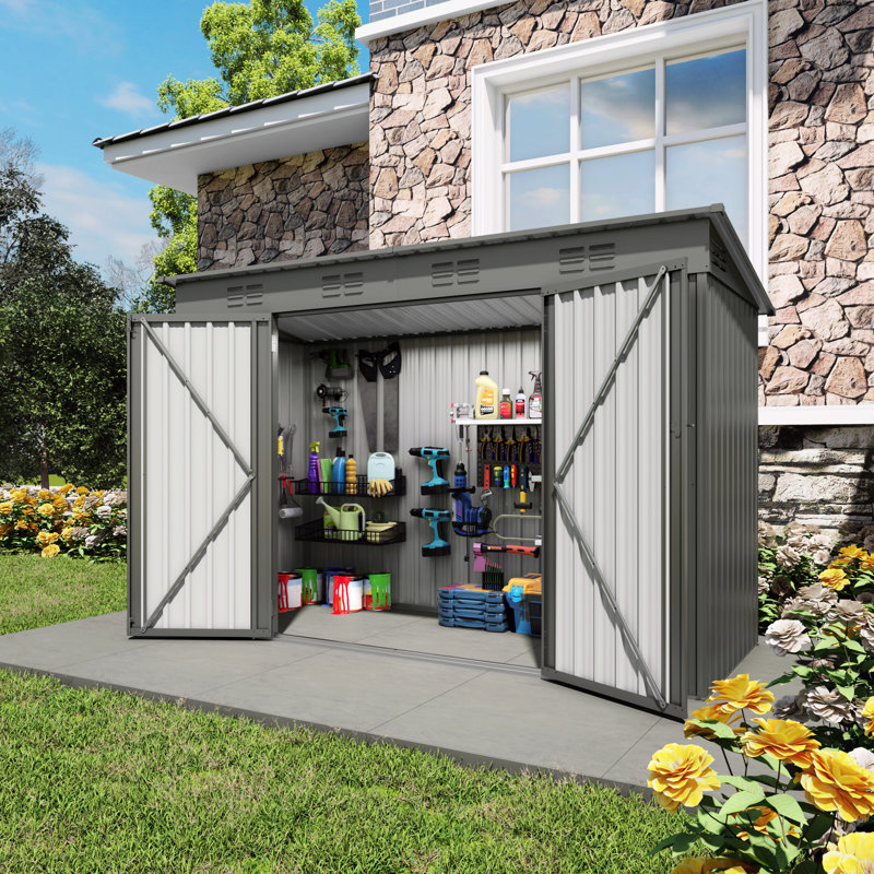 Remise de rangement grise en métal de 4 pi x 9 pi avec toit incliné, 6 évents et 2 portes battantes, protège la rouille, garde les articles au sec, évents extérieurs, portes convenant pour ranger les outils de jardin et garder les poubelles organis?