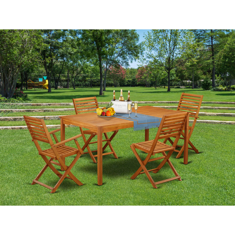 5 Piece Patio Dining Set Includes a Rectangle Outdoor Acacia Wood Table and 2 Folding Arm Chairs with 2 Side Chairs, Natural Oil