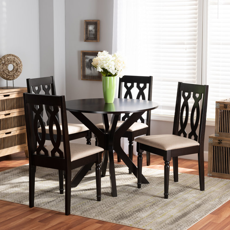 Rizzo Dark Brown 7-Pc Dining Set in Sand Fabric Upholstery, 38.6'' H X 17.9'' W X 19.3'' D, Dark Brown, Sand/Dark Brown, 7