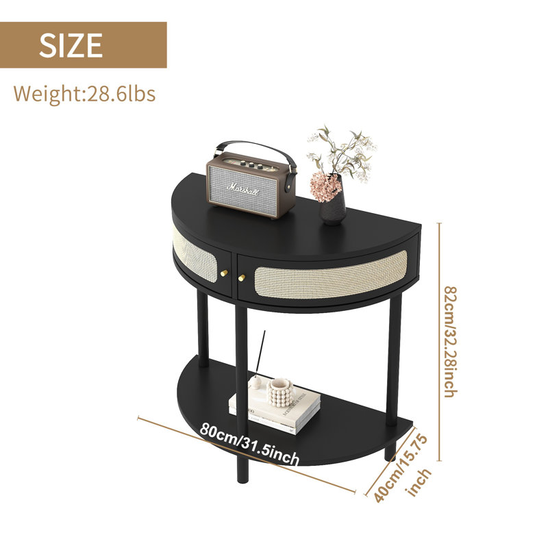 Half Moon Design End Table with Sliding Rattan Door