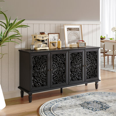 Buffet antique 60 "avec sculptures florales avec pieds en bois massif et poignées en laiton antique et tablettes réglables, meuble télé pour téléviseur de 65 po et plus, buffet pour le salon, la salle à manger