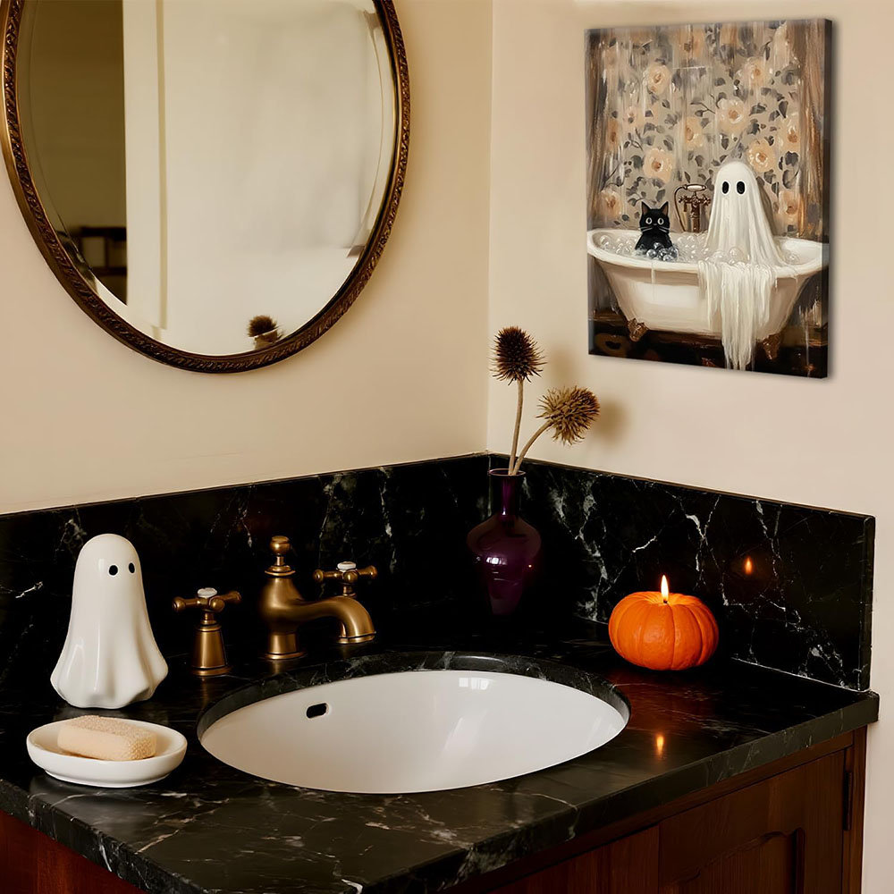 Halloween Ghost Bathroom Canvas Wall Art, Horror Ghost And Cute Black Cat In Bathtub Pictures Wall Decor, Gothic Dark Academia Paintings Prints For To