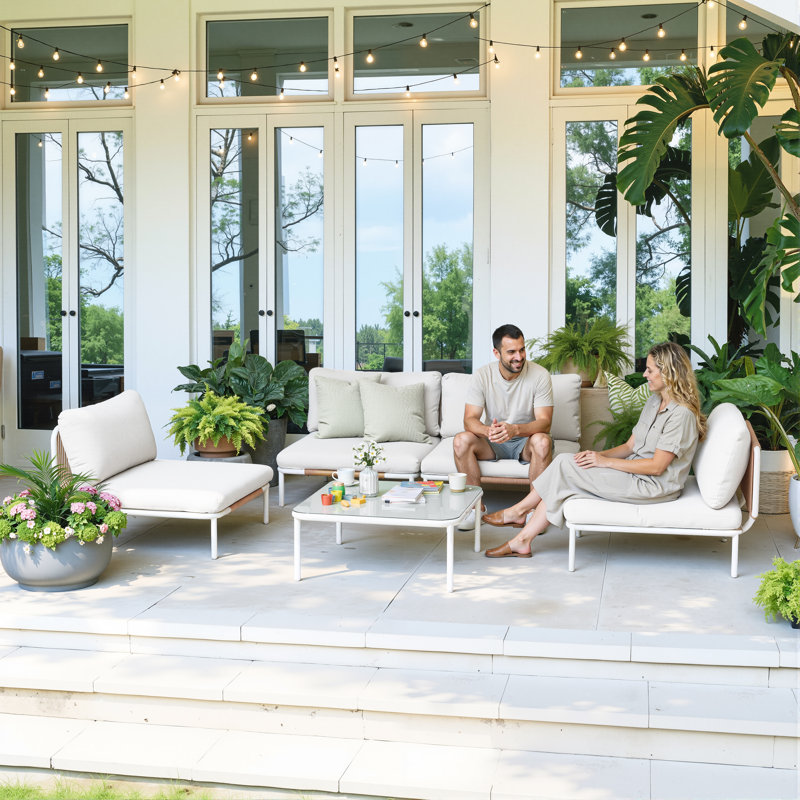 4 Person Patio Metal Outdoor Modular Sectional Sofa, Beige Cushion/White Frame
