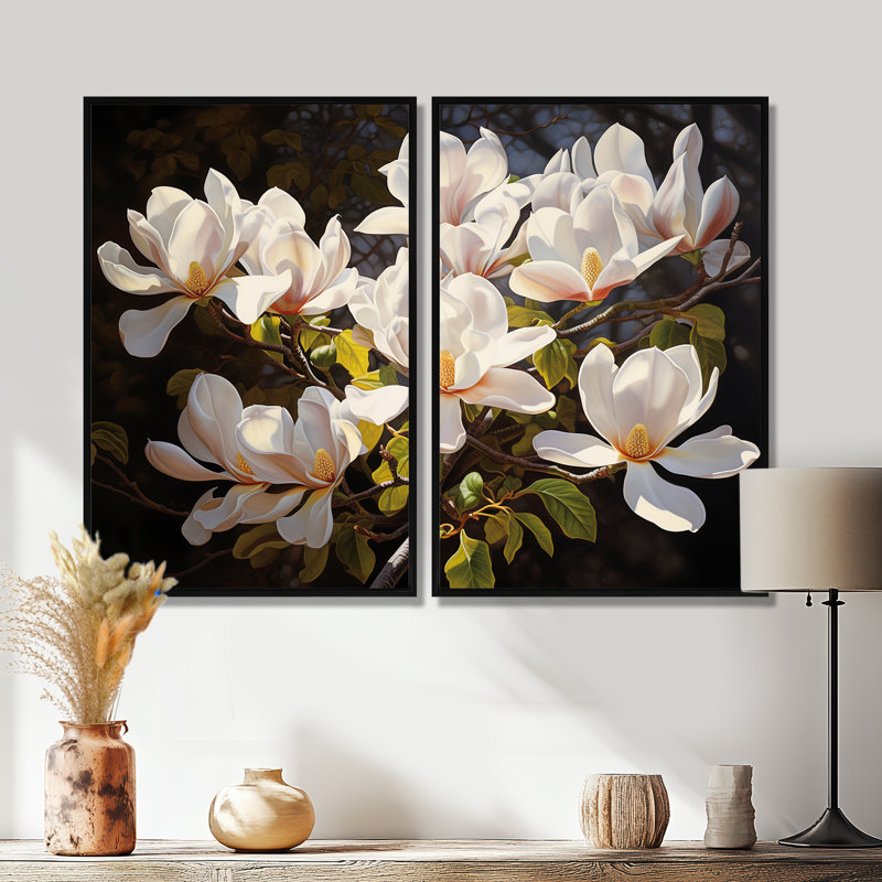 Art mural blanc blanc Magnolias Magnolia - blanc, Noir, H 36 po x l 48 po, Reproduction encadrée sans passe-partout