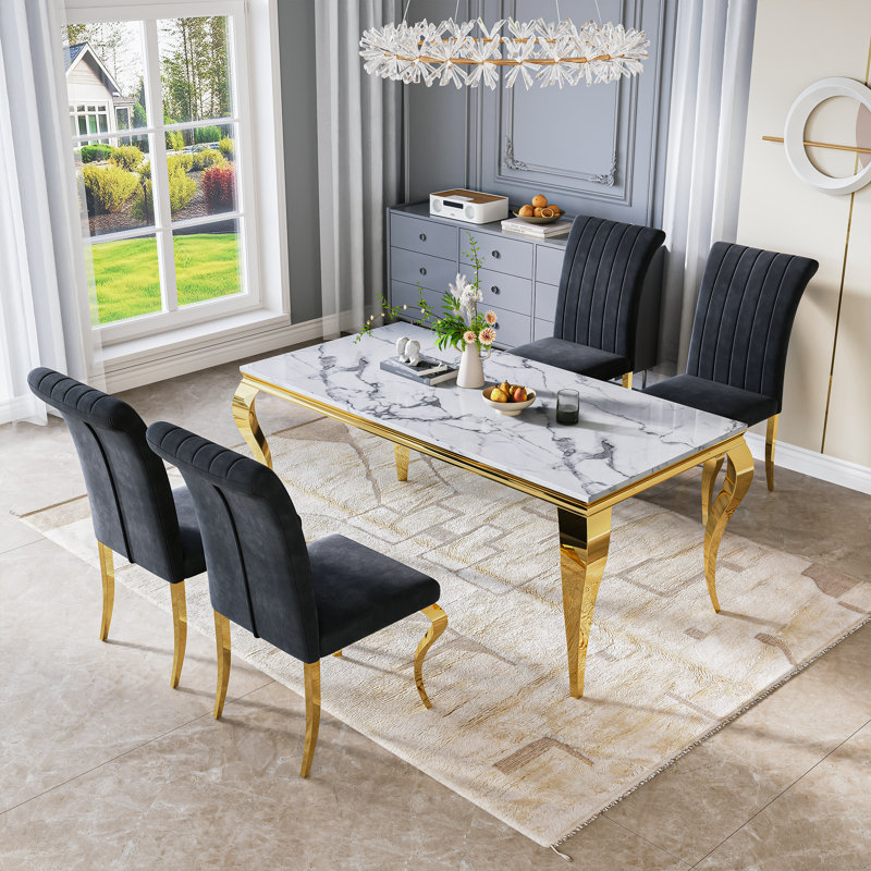 Rectangular Marble Dining Set, 70" Modern White Faux Marble Table With Polished Stainless Steel Base And Upholstered Chairs