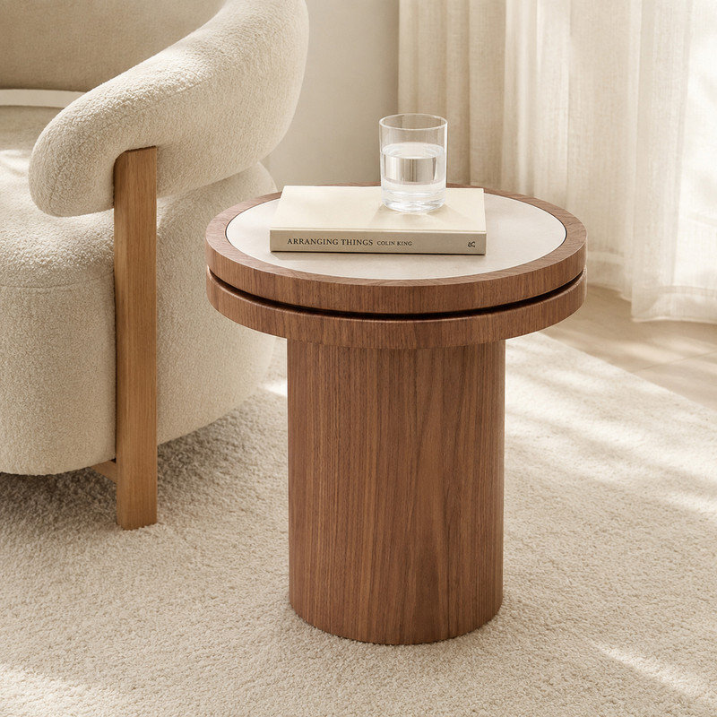 Table d'appoint ronde en noyer 19,4 po avec plateau en pierre frittée