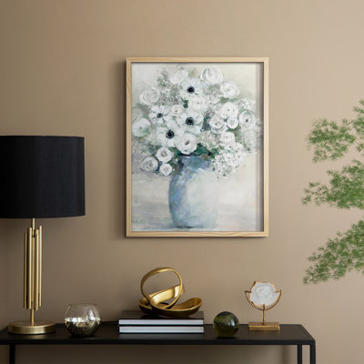 White Anemone Bouquet Framed Print - Solid Wood