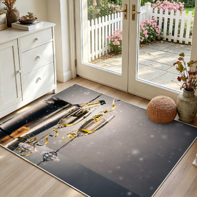 Gold Machine Washable,Pair Glass of Champagne with Bottle Indoor Area Rug