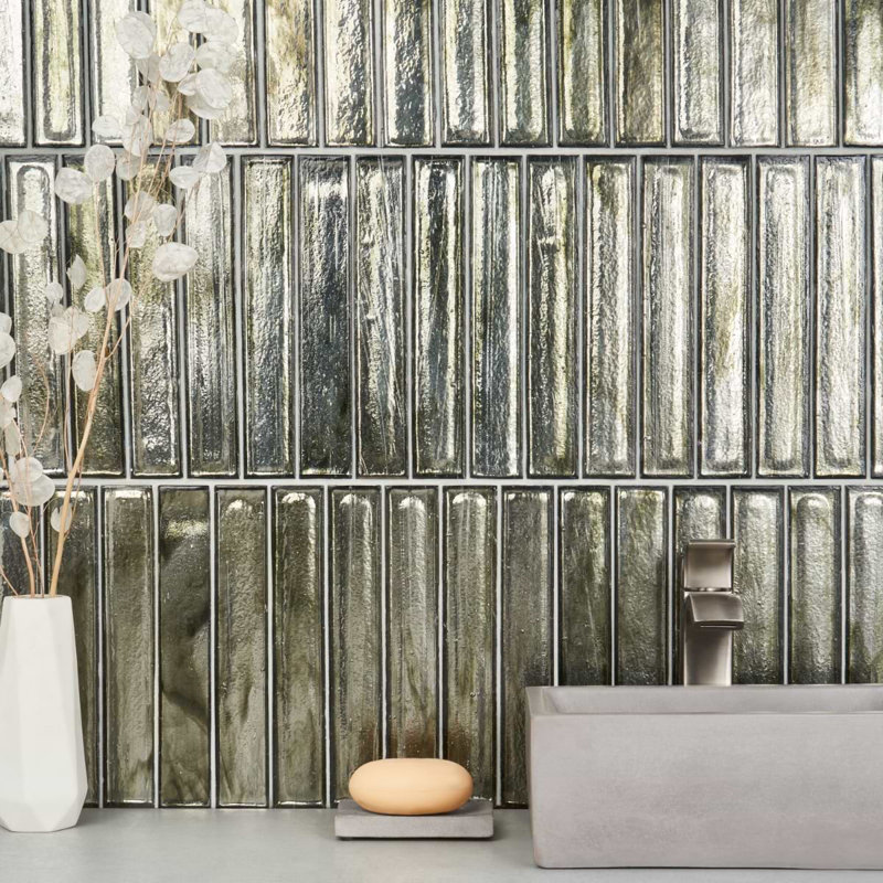 Komorebi 2x12 Brick Polished Glass Subway Tile, Rainforest Dew