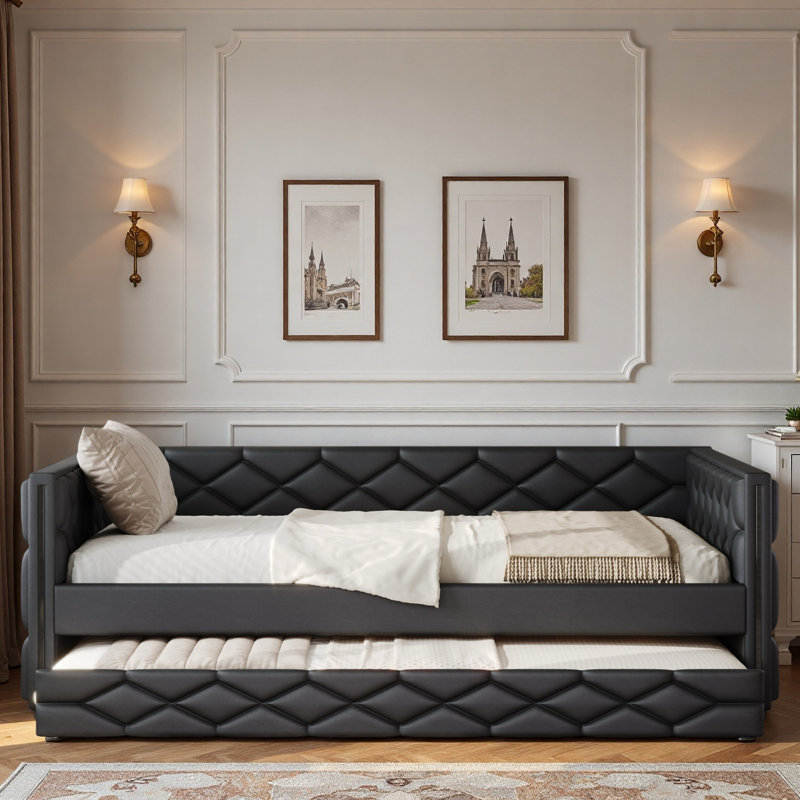 Upholstered Daybed With Trundle And Led, Black