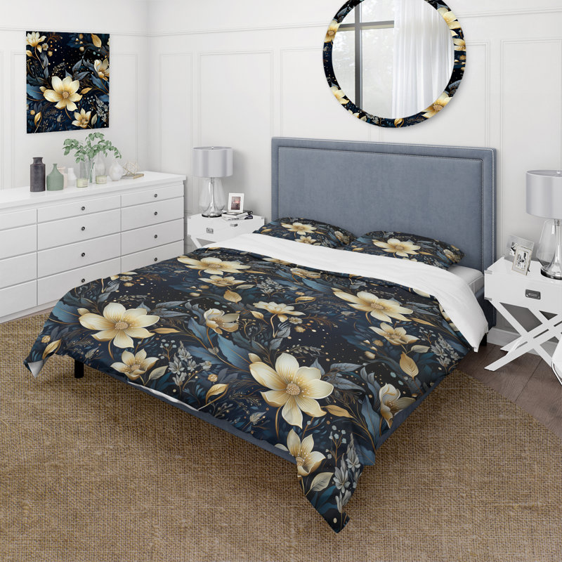 Golden Night Flowers Paisley II Floral Duvet Cover, Twin Duvet Cover + 1 Standard Sham