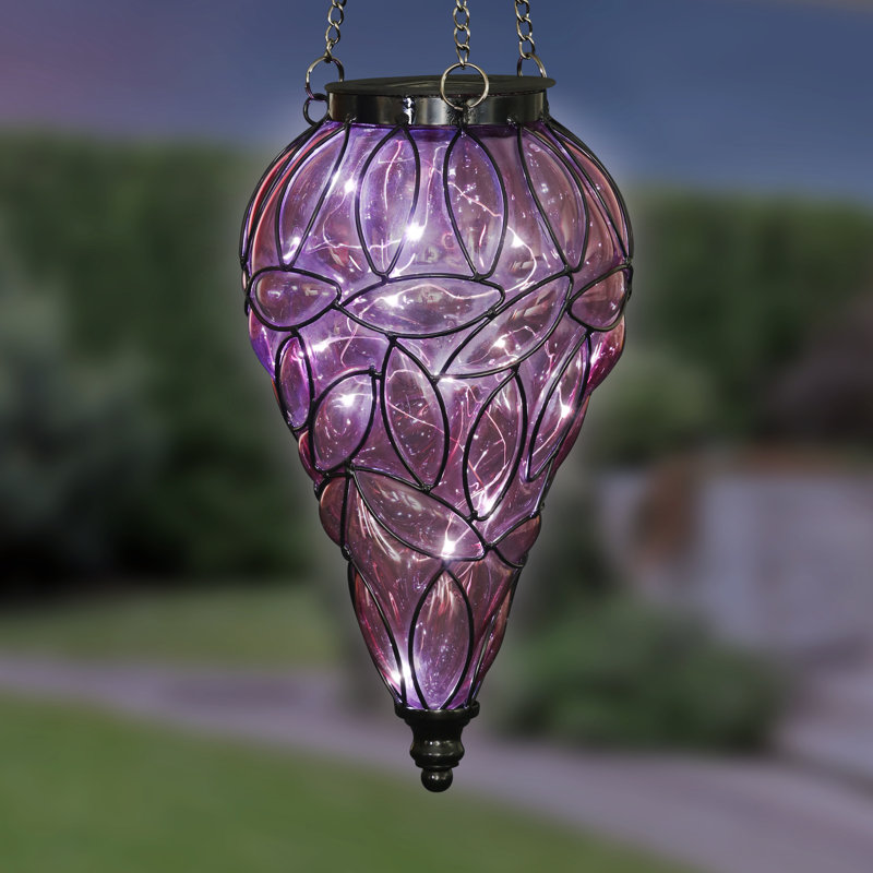Lanterne suspendue en forme de larme solaire en verre et en métal avec 15 guirlandes de lumières DEL blanc froid Exhart, 7 x 24 po Exhart