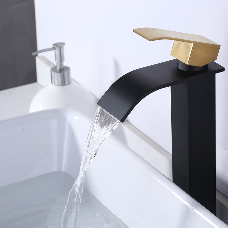 Waterfall Single Hole Bathroom Faucet with Drain Kit Included, Matte Black/Gold