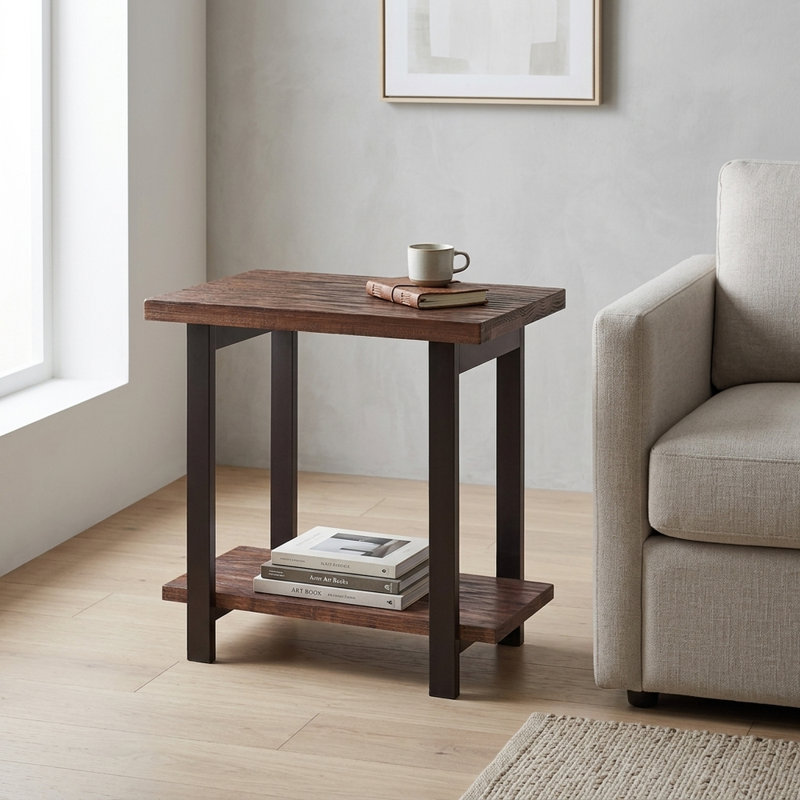 Table d'appoint industrielle à 2 niveaux en bois massif - Table d'appoint en pin vieilli avec tablette de rangement pour salon et chambre