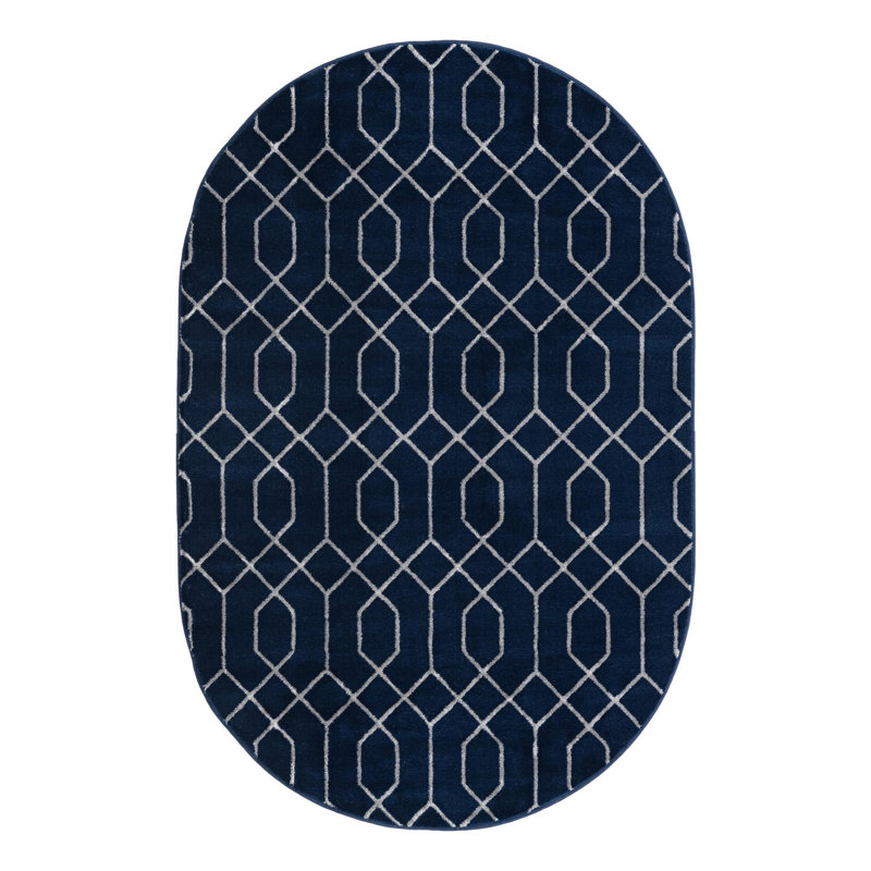 Glam Navy Blue Silver Area Rug, Oval 5'3" x 8'
