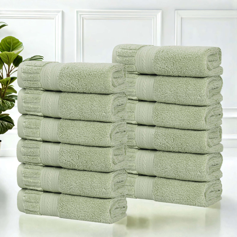 Venice Zero Twist Cotton Medium Weight Soft Absorbent Towel Set, Green, Washcloths - 12 Pack