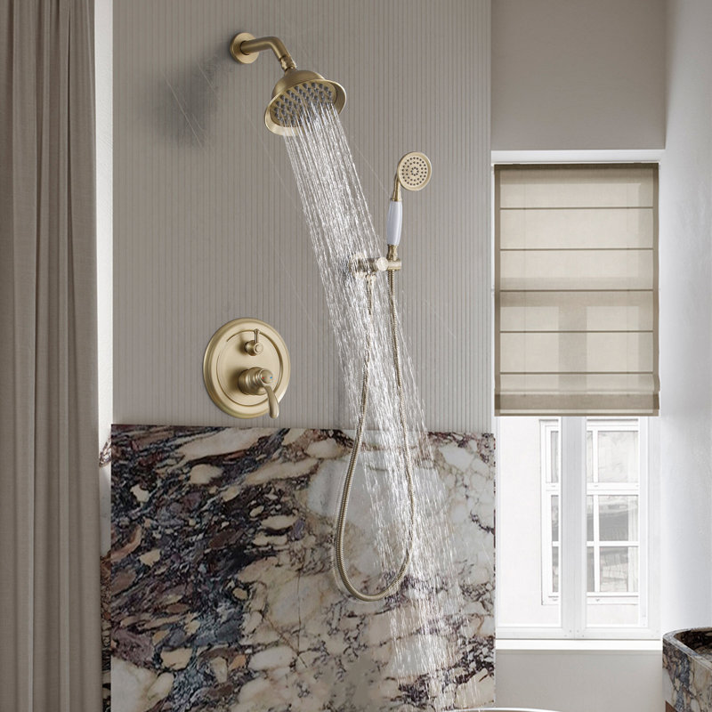 Bathroom Complete Shower System with Rough-In Valve with Rain Showerhead, Brushed Gold