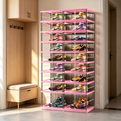 9-Tier Foldable Shoe Rack for Closet Entryway, Stackable Clear Shoe Storage Boxes Organizer with Doors and Lids, Plastic Shoe Cabinet Bin for 18-36 Pairs, Easy Assembly, Large Capacity