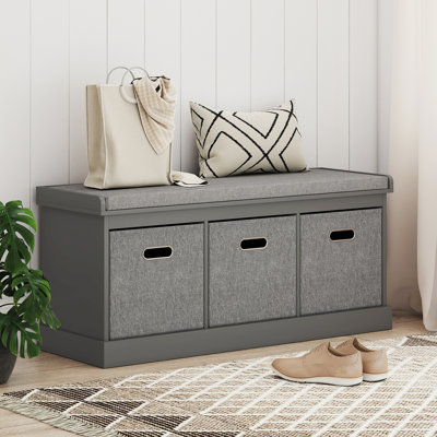Shoe Bench with Cushion Seat, 3 Fabric Drawers, Dark Grey