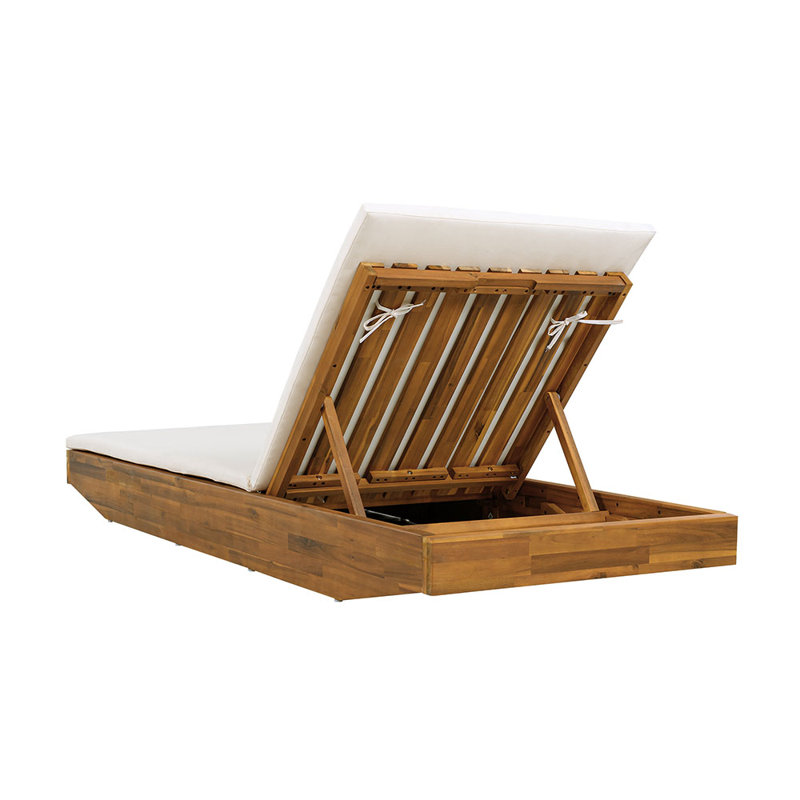 Acacia Wood Chaise Lounge with 2-Fold Thin Cushion - Outdoor Recliner with Water-Repellent Cushion, 79.6" L x 29" W, 300 lbs