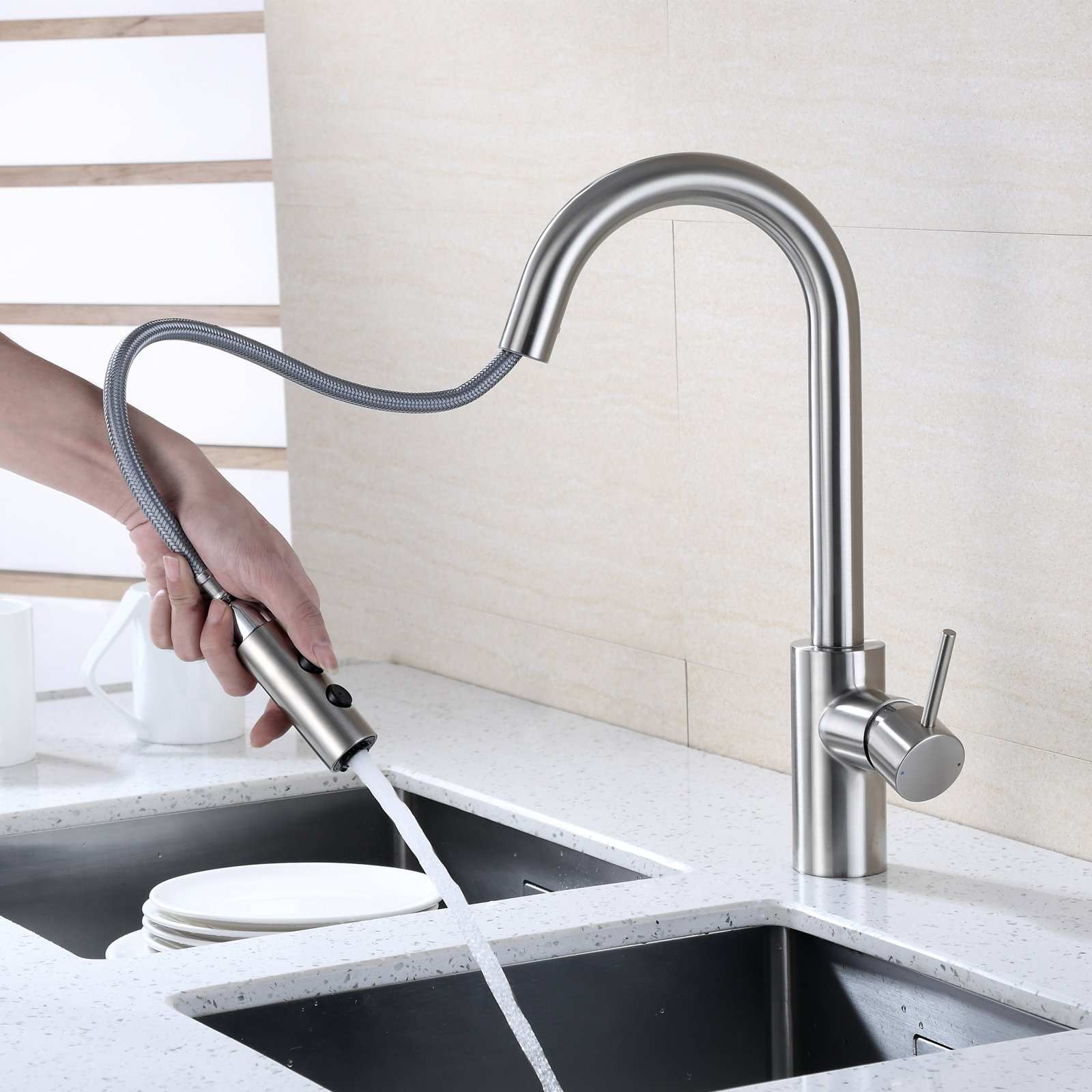 Pull-Down Kitchen Faucet with Accessories, Brushed Nickel