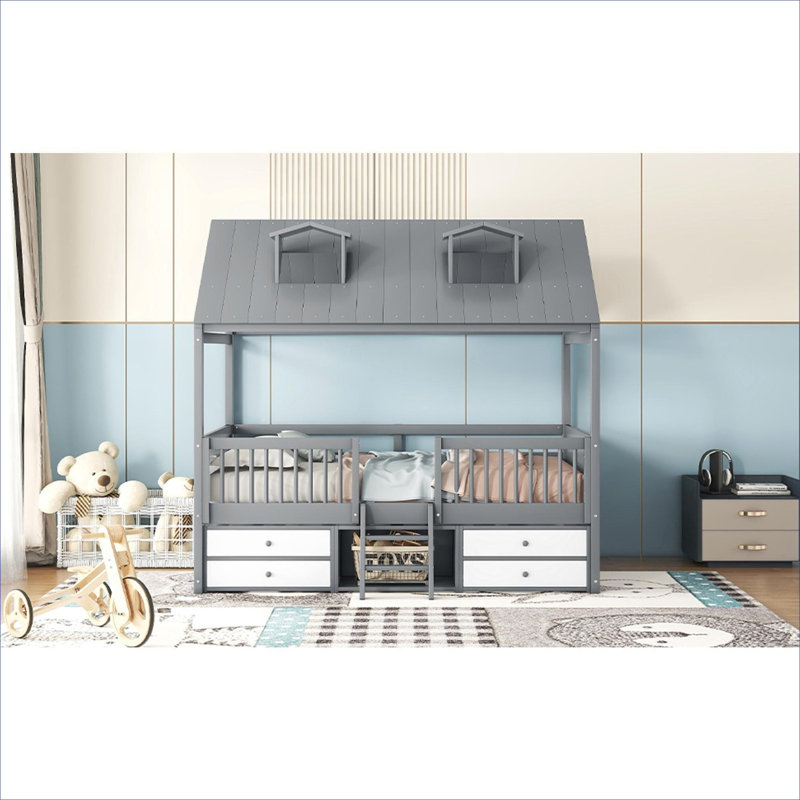 Structure de lit double pour chambre d'enfant, fabrication en bois massif de ton gris avec design fonctionnel ludique