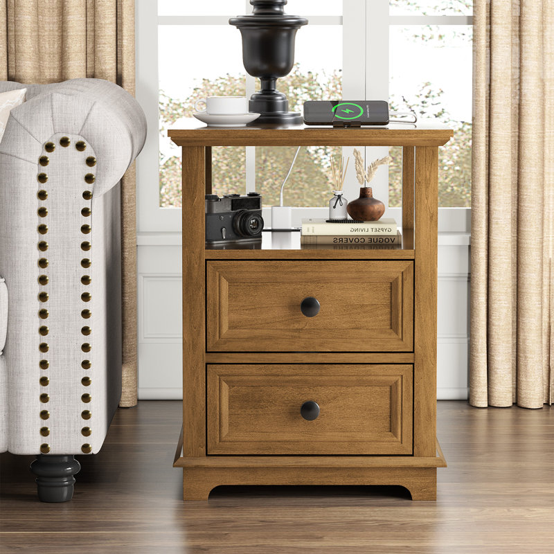 Azella Frame 2 End Table Set with Storage and Built-In Outlets, Chestnut Brown