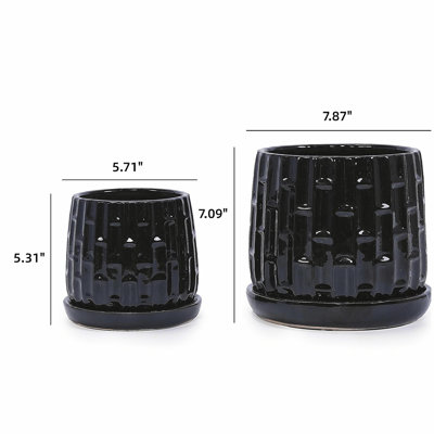 Handmade Ceramic Flower Pot with Groove Pattern, 6 & 8 Inch Diameter, Black Color for Orchids, Indoor/Outdoor Use on Windowsill & Bookshelf, Breathable Clay with Saucer