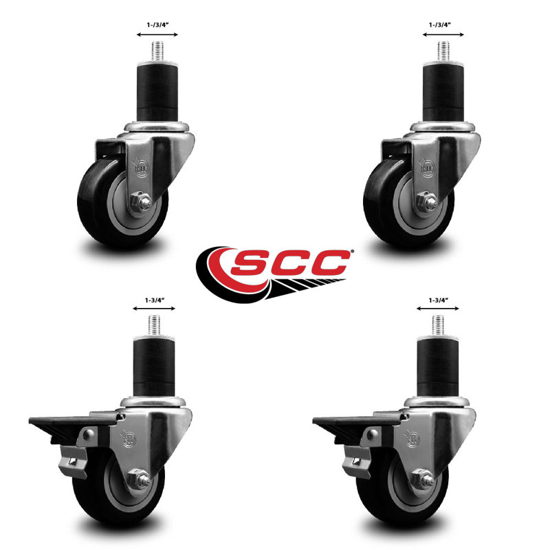 Ensemble de roulettes extensibles pivotantes à roues en poly 3 pouces 3/4 pouces 2 freins SCC