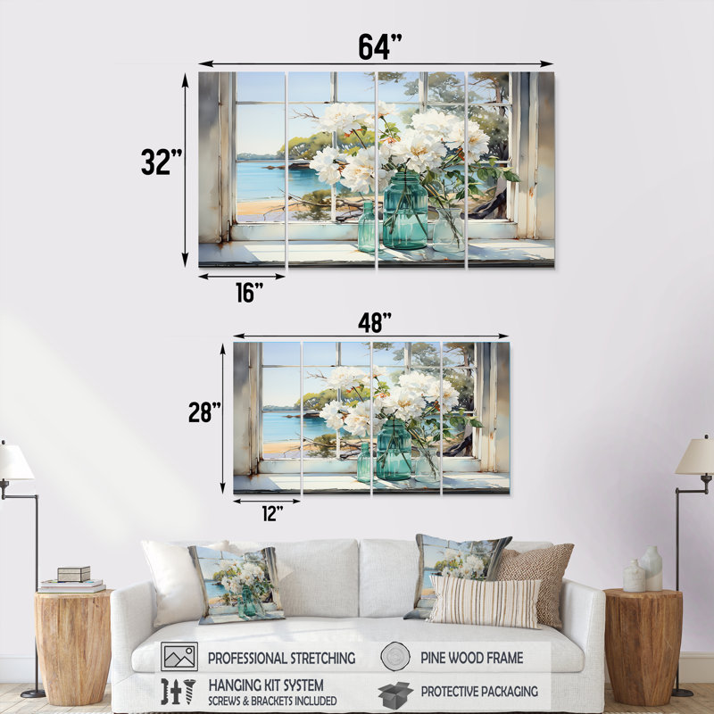 «Blue Window Beachfront View Blooms III - Coastal Window», art mural 4 pièces pour le salon, H 28 po x l 48 po