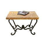 Chiseled Rectangular Peach Travertine Top Side Table: Hand-forged Iron Base - Mexports By Susana Molina