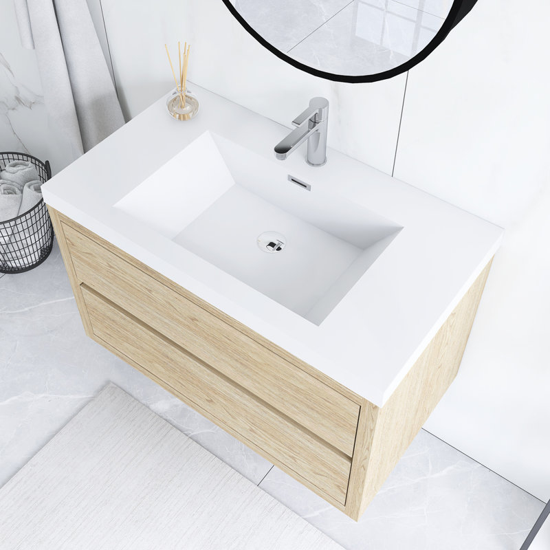 Meuble-lavabo mural simple 36 po avec comptoir en pierre composite intégré, Bois de chêne naturel