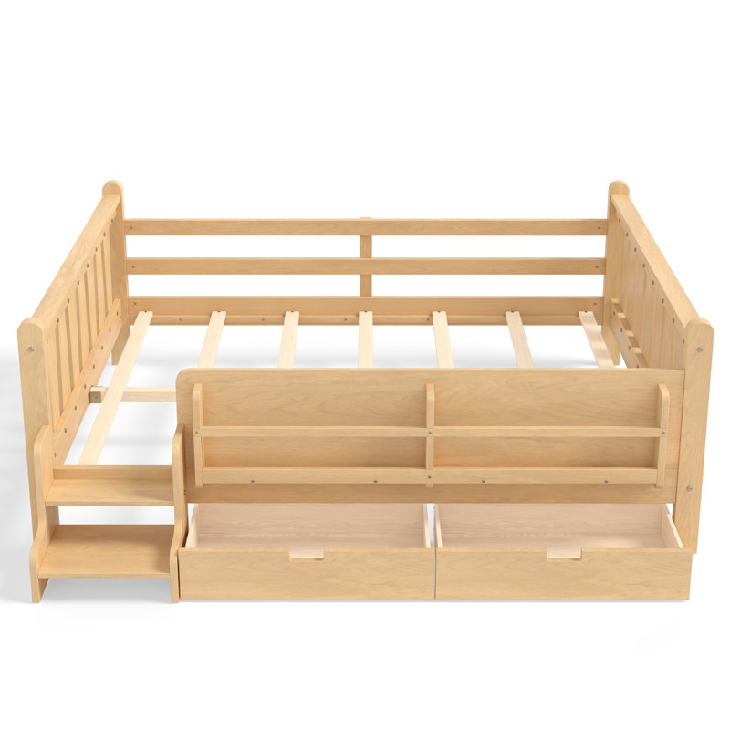 Queen Size Solid Wood Floor Bed with Storage Bookcase & Drawers, Kids Floor Bed with Stairs, Guardrails, No Box Spring, Light Natural