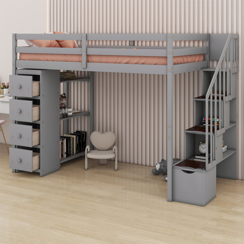 Loft Bed With Shelves,Drawers And Stairs, Gray