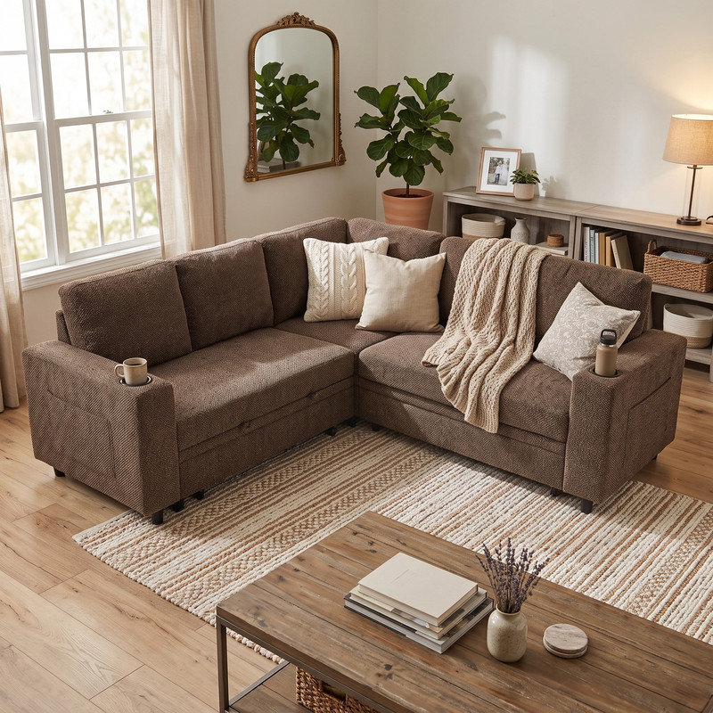 76" Nubby Textured L-Shape Sleeper Sectional with Hidden Storage, Cup Holders & Side Pockets, Coffee Polyester