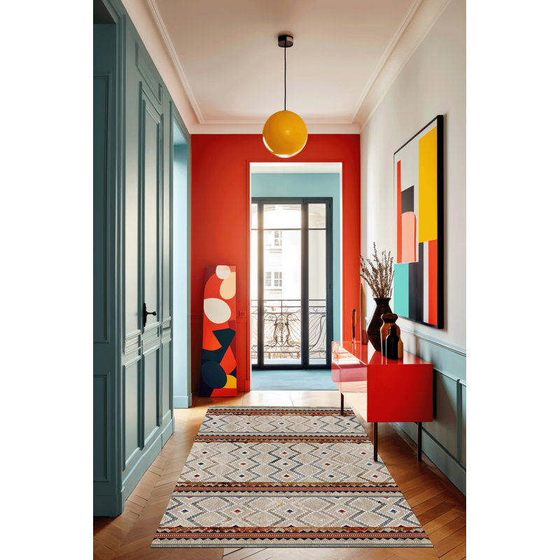 Tapis décoratif moderne à motif géométrique beige, Tapis de couloir 3 pi 3,37 po x 6 pi 6,74 po