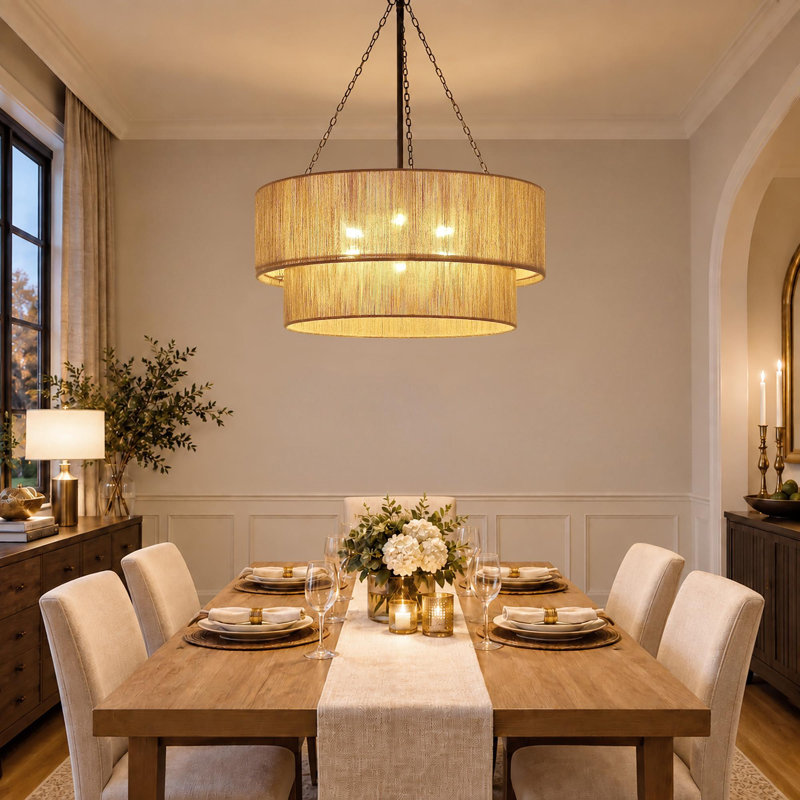 Lustre tambour en corde moderne 23,6 po 23,6 po, Bronze, Brun