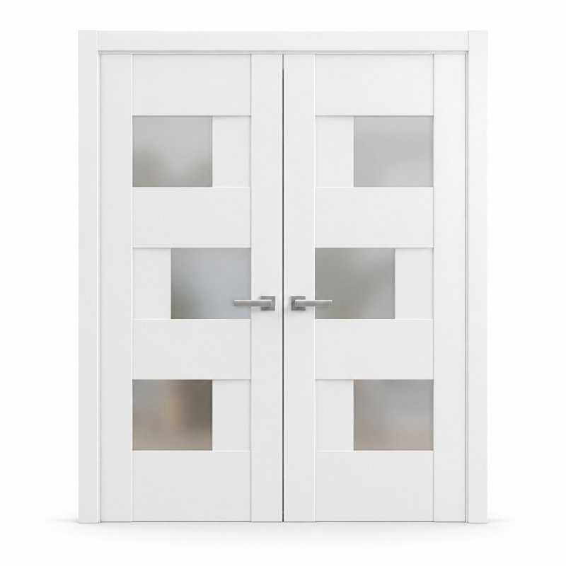 Solid French Double Doors Opaque Glass Sete 6933 White Silk Wood Solid Panel Frame Closet Bedroom Modern Doors 48" x 84" (2* 24x84)