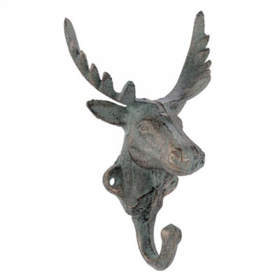 Christmas Green And Gold Distressed Cast Iron Deer Head Wall Hook