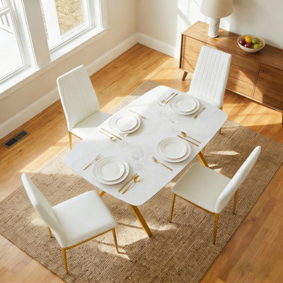 Ensemble de table de salle à manger moderne en marbre 51,2 po pour 4 personnes, table de salle à manger rectangulaire en faux marbre avec 4 chaises en cuir synthétique