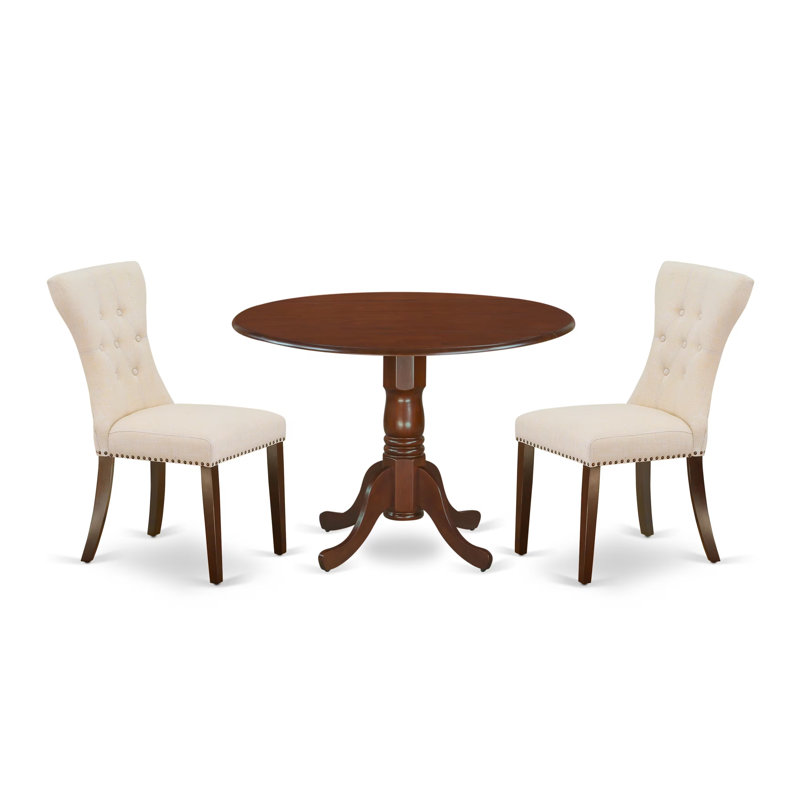 L'ensemble 3 pièces de table de salle à manger moderne comprend une table ronde en bois avec Dropleaf et 2 chaises de salle à manger Parsons en lin beige clair, acajou