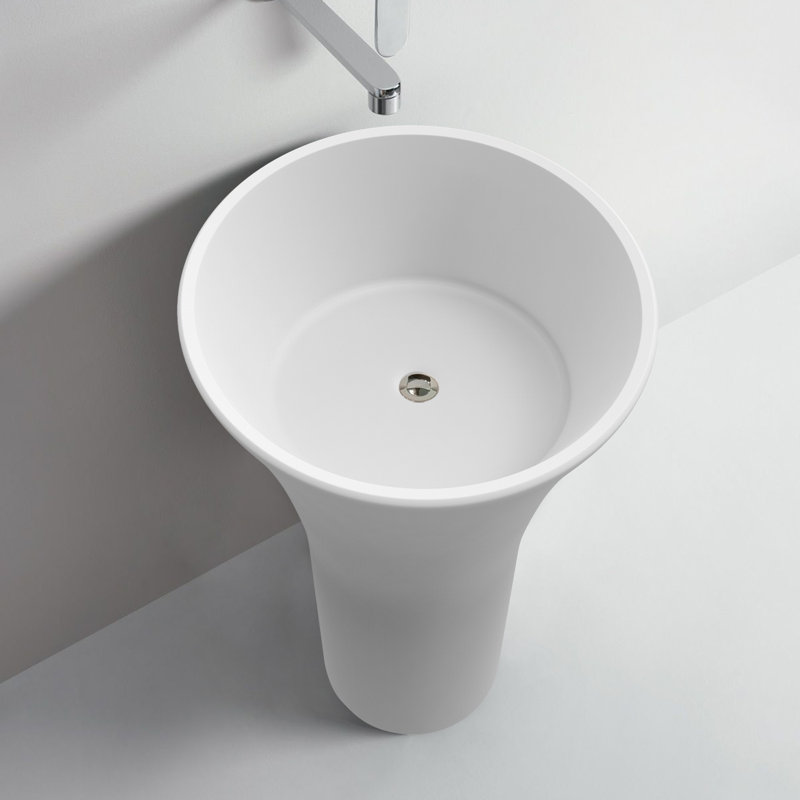 34.25" Tall White Solid Surface Circular Pedestal Bathroom Sink