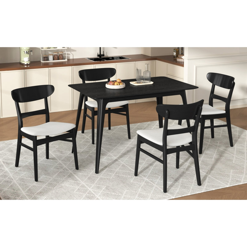 [Vidéo] Ensemble repas 5 pièces de style Mid-Century moderne, structure en bois d'hévéa, une table et 4 chaises rembourrées, noir et beige clair (même référence: N759S001001K)