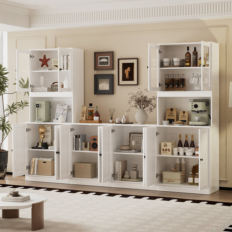 Garde-manger 71 po avec bibliothèques et meuble télé de style campagne pour téléviseur de 75 po ou moins, Blanc