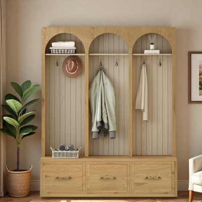 Farmhouse Wooden Hall Tree With Arched Design, Bench, Hooks, Compartments And Drawers