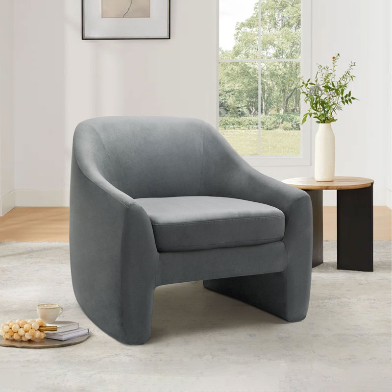 Fauteuil demi-tonneau rembourré Esly, Velours gris foncé