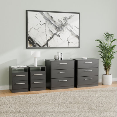 Ensemble de chambre à coucher noire 4 pièces Cambridge - 2 commodes et 2 tables de chevet Cambridge